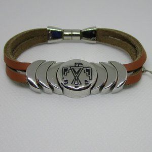 Silver tone steel phoenix eagle engraved native design leather bracelet